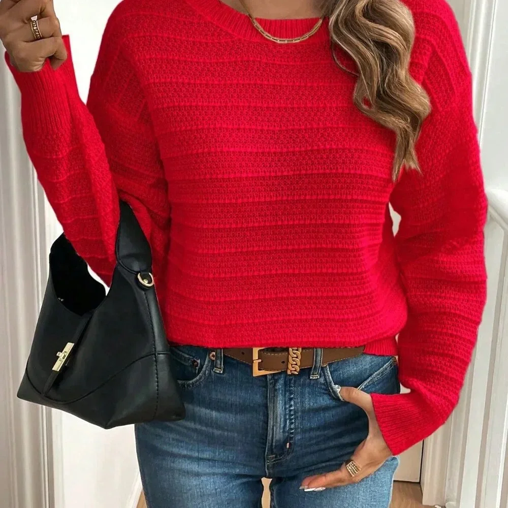 Red Casual Women's Elegant Bowknot Decor Drop Shoulder Sweater